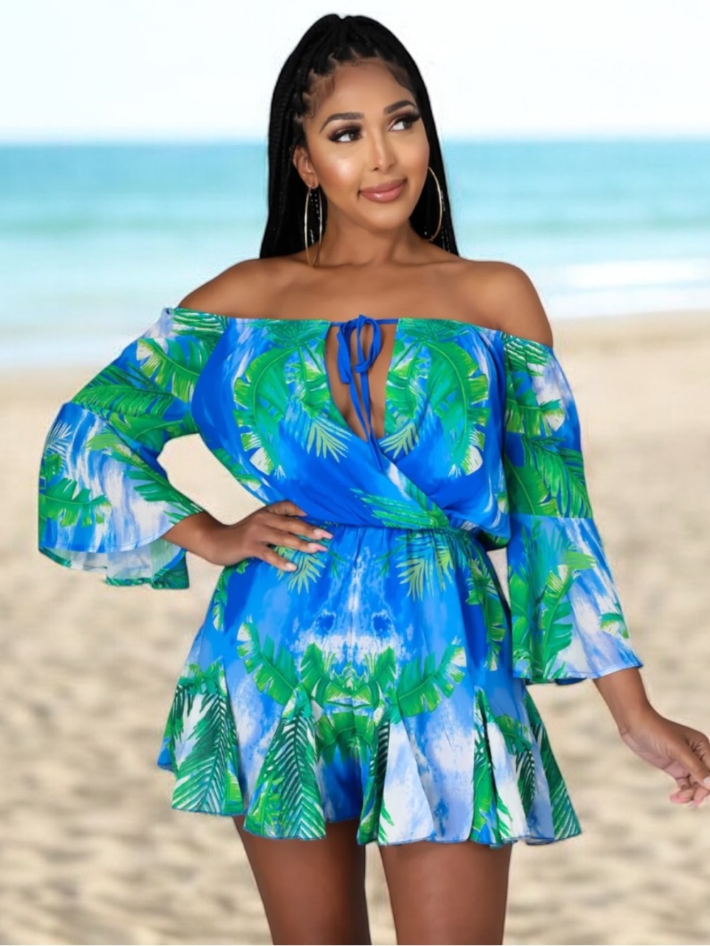 Flying Tomato Blue Green Off Shoulder Tropical Palm Print Barbados Sz Lrg Romper